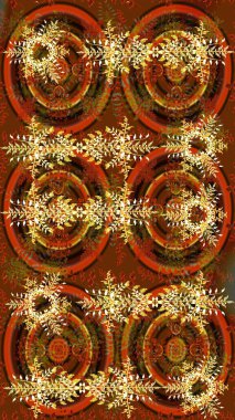 Kahverengi, turuncu ve sarı renkli kar taneleri. Raster illüstrasyonu. Renkli arka planda izole tatlı kar taneleri.