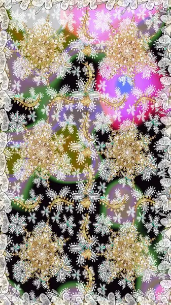 Süslü dekorasyon. Damask altın soyut çiçek nötr renklerde pürüzsüz desen. Raster illüstrasyonu.