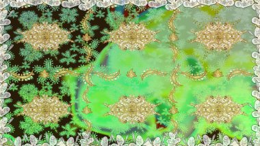 Geleneksel oryantasyon süsü. Klasik klasik klasik arka plan. Klasik raster sarısı, kusursuz desen. Yeşil renklerde, altın elementlerle kusursuz desen.