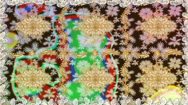 Çizgi sanatı tasarım şablonu için kusursuz sınır. Altın desenli çiçek dekoru. Davetiyeler, kartlar, web sayfası için Raster illüstrasyon. Kahverengi renklerde altın element. Doğu tarzı ögesi.