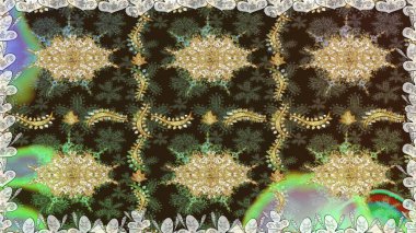 Kahverengi renkler ve altın elementler üzerinde altın pürüzsüz desen. Noel, kar tanesi, yeni yıl. Kahverengi renklerde, altın elementlerle kusursuz klasik desen.