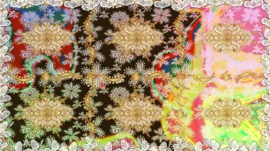 Hassas altın deseni açın. Kusursuz altın desenli bukleler. Raster sanatı. Kahverengi renklerde, altın elementlerle kusursuz desen. Parlak dantel, stilize çiçekler, şal desenli. Doğu tarzı arabesk