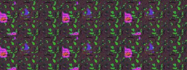 Raster illüstrasyonu. Patlayan çiçekler soyut olarak yerleştirilmiş. Raster deseni. Kahverengi, mor ve yeşil renklerde bahar çiçekleri.