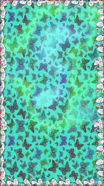 Giysi tasarımı için mavi, yeşil ve beyaz arka plan dekorasyonu. Raster illüstrasyonu. Renkli kelebeklerin kusursuz arka planı.