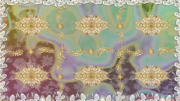 Tarafsız renklerdeki altın desenler ve altın elementler. Süslü dekorasyon. Lüks, kraliyet ve Viktorya dönemi konsepti. Raster klasik barok çiçeksiz altın desenli..