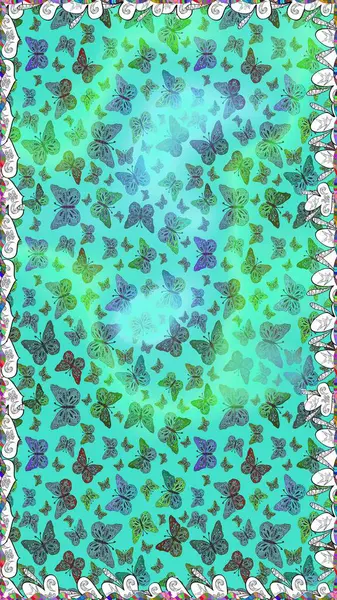 Giysi tasarımı için mavi, yeşil ve beyaz arka plan dekorasyonu. Raster illüstrasyonu. Renkli kelebeklerin kusursuz arka planı.