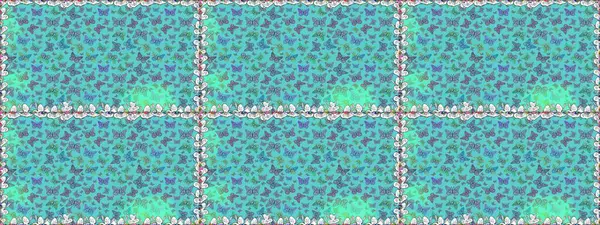 Kumaş, tekstil, baskı ve davetiye için arka plan. Kusursuz desen. Raster illüstrasyonu. Mavi renkteki güzel renkli kelebekler.