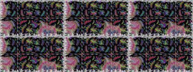 Düz Çiçek Elementleri Tasarım Raster illüstrasyonu. Çiçekli, suluboya desenli kusursuz çiçek deseni. Siyah ve nötr renkler üzerine çiçekler. Renkli Bahar Teması Arkaplansız Desen.