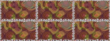 Açık. El çizimi çiçek unsurları olan soyut, dikişsiz raster deseni. Çiçekli ipek eşarp. 1950-1960 motifleri. Retro tekstil tasarım koleksiyonu.