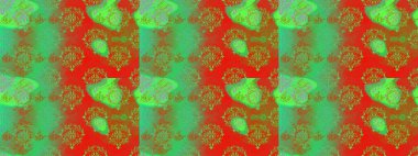 Düz Çiçek Elementleri Tasarım Raster illüstrasyonu. Yeşil, kırmızı ve turuncu renkte çiçekler. Renkli Bahar Temalı, pürüzsüz bir arka plan. Çiçekli, suluboya desenli kusursuz çiçek deseni.