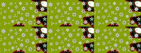 Küçük çiçekteki sevimli çiçek deseni. Bir sürü yeşil ve soyut çiçekli tropik eskiz deseni. Varicologreen Raster çizimi.