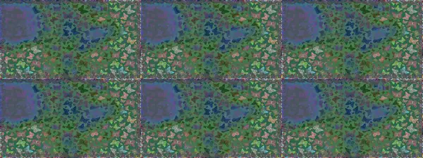 Yeşil, mavi ve gri renkli suluboya kelebekleri olan pürüzsüz bir arkaplan deseni. Sonsuz. Raster illüstrasyonu. Yazdırmayı tekrarla.