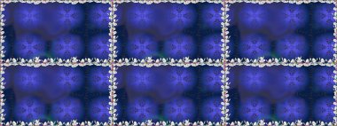 Raster - stok. Kusursuz bir arka plan modeli. Yapraklı çiçekler ve mavi renkli papatya çiçekleri..