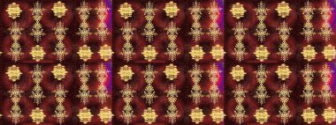 Kar tanelerinin soyut arkaplanlı Noel şablonu. Raster illüstrasyonu. Noel ve yeni yıl moda baskıları için tatil tasarımı. Kahverengi, kırmızı ve sarı kar taneleri.