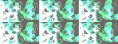 Mavi, yeşil ve beyaz renkte çiçekler. Tişörtsüz arka plan deseni. Tropik çiçekler.