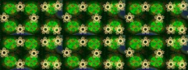 Raster illüstrasyonu. Kar tanelerinin soyut arkaplanlı Noel şablonu. Yeşil, mavi ve gri kar taneleri. Noel ve Yeni Yıl moda baskıları için tatil tasarımı.