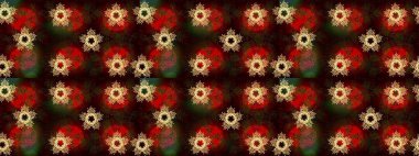 Raster illüstrasyonu. Kahverengi, siyah ve kırmızı kar taneleri. Kar tanelerinin soyut arkaplanlı Noel şablonu. Noel ve Yeni Yıl moda baskıları için tatil tasarımı.