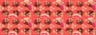 Raster illüstrasyonu. Kar tanelerinin soyut arkaplanlı Noel şablonu. Noel ve yeni yıl moda baskıları için tatil tasarımı. Pembe, turuncu ve kahverengi kar taneleri.