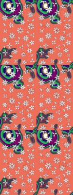 Turuncu arka planda. Tekstil, kumaş, ambalaj, hatıra defteri için hoş bir çiçek arkaplanı. Elle çizilmiş çiçek desenli Raster çizimi. Çocuksu tasarım.