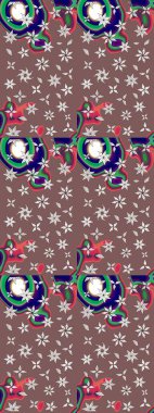 Raster Floral Illustration, Asyalı tekstil. Kahverengi renkli etnik çiçeklerle zarif bir eskiz deseni..