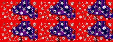 Üzerinde gelincikler ve vadi zambakları olan renkli çiçek desenli nakış deseni. Tekstil tasarımı için kırmızı renkte geleneksel Raster çiçek buketi.