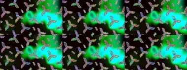 Noel siyahı, yeşil ve mavi. Raster illüstrasyonu. Sihirli siyah, yeşil ve mavi tatil soyut arka plan yıldız ve düşen kar taneleri.