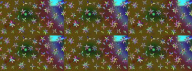 Çok yeşil zarif küçük çiçekler ve yeşil renkli komik böcekler, raster desen, illüstrasyon.