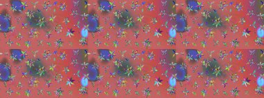 Çiçek ve yapraklı karalama şeklinde Raster çiçek deseni. Raster illüstrasyonu. Nazikçe, bahar çiçekleri pembe renklerde.