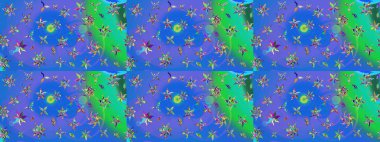 Renkli desenli eskiz deseni, mavi çiçekler ve dekoratif elementlerle. Eskiz geçmişi. Raster illüstrasyonu. Kumaş, tekstil, duvar kağıdı baskısı için. Antika retro tarzı.