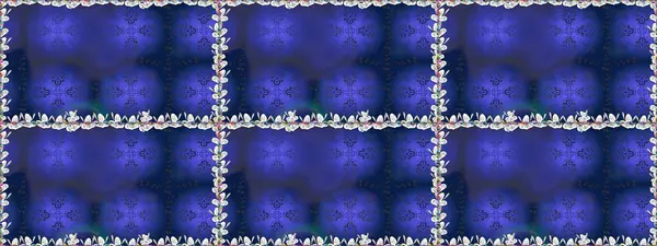 Raster - stok. Kusursuz bir arka plan modeli. Yapraklı çiçekler ve mavi renkli papatya çiçekleri..