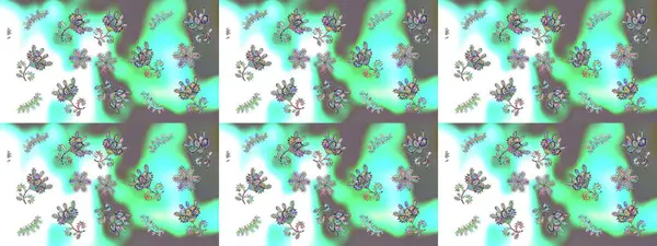 Mavi, yeşil ve beyaz renkte çiçekler. Tişörtsüz arka plan deseni. Tropik çiçekler.