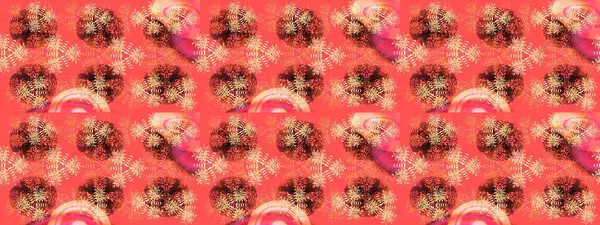 Raster illüstrasyonu. Kar tanelerinin soyut arkaplanlı Noel şablonu. Noel ve yeni yıl moda baskıları için tatil tasarımı. Pembe, turuncu ve kahverengi kar taneleri.