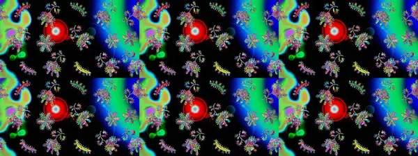 Noel ve yeni yıl moda baskıları için tatil tasarımı. Siyah, mavi ve yeşil kar taneleri. Kar tanelerinin soyut arkaplanlı Noel şablonu. Renkler. Raster illüstrasyonu.