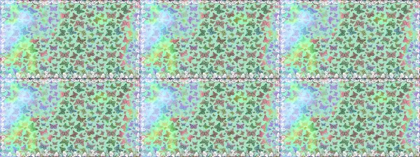 Elle çizilmiş kelebeklerle. Dekoratif Raster çizimi. Mavi ve nötr renklerin soyut arkaplanı. Renkli romantik kelebekler kusursuz desenli arka plan.