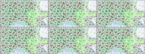 Tekstil, duvar kâğıtları, web sayfası arkaplanları ve yüzey dokuları için mükemmel. Tarafsız ve yeşil renklerdeki renkli kelebeklerin kusursuz arka planı. Raster illüstrasyonu.