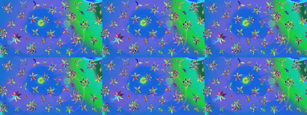 Renkli desenli eskiz deseni, mavi çiçekler ve dekoratif elementlerle. Eskiz geçmişi. Raster illüstrasyonu. Kumaş, tekstil, duvar kağıdı baskısı için. Antika retro tarzı.