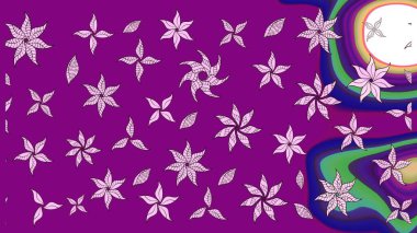 Raster illüstrasyonu. Yumuşak, bahar çiçekleri mor renklerde. Yaprak ve çiçeklerin suluboya resmi, mor renkte çizim deseni.