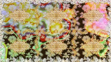 Tarafsız renklerde altın rengi ve altın elementler üzerinde altın pürüzsüz desen. Raster illüstrasyonu. Kusursuz damaske klasik altın desen. Tekrarlayan ögelerle soyut arkaplan Raster.