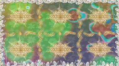 Altın elementli yeşil renkler. Kusursuz altın desenli bukleler. Doğu tarzı arabesk. Raster altın desen. Raster illüstrasyonu.