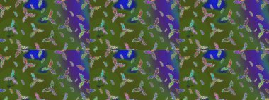 Raster illüstrasyonu. Sihirli yeşil, mavi ve mor tatil soyut arka plan yıldız ve düşen kar taneleri. Noel yeşili, mavi ve menekşeler.