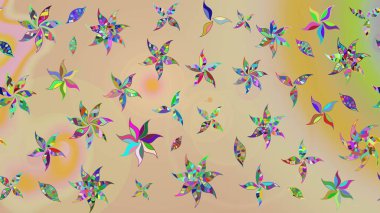 Suluboya elle çizilmiş çiçek desenli eskiz deseni. Parlak renkli fantezi çiçekleri, yapraklar, bej renkli tomurcuklar.