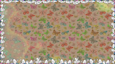 Raster geleneksel halk dekoru. Bej ve nötr arka plan. Kıyafet tasarımı için. Sevimli moda kelebekler.