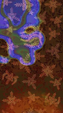 Yüzey için tekrarlanan doku, ambalaj kağıdı, kahverengi, mor ve mor renkler. Kış kar tanesi, raster arka plan. Renkli arka planda izole kar taneleri. Raster illüstrasyonu.