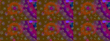 Kahverengi arka planda. Çocuksu tasarım. Elle çizilmiş çiçek desenli Raster çizimi. Tekstil, kumaş, ambalaj, hatıra defteri için güzel çiçek arkaplanı..