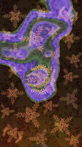 Noel ve yeni yıl moda baskıları için tatil tasarımı. Kahverengi, mor ve yeşil kar taneleri. Kar tanelerinin soyut arkaplanlı Noel şablonu. Raster illüstrasyonu. Renkler.