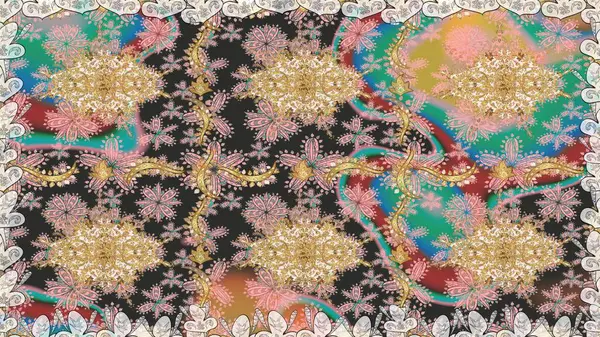 Altın desenli çiçek dekoru. Çizgi sanatı tasarım şablonu için kusursuz sınır. Gri renklerdeki altın element. Davetiyeler, kartlar, web sayfası için Raster illüstrasyon. Doğu tarzı ögesi.