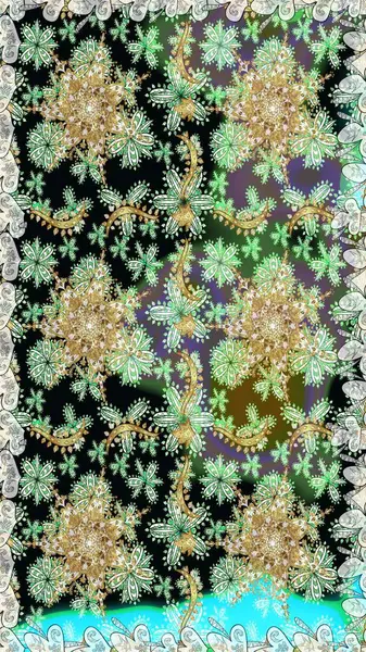 Damask arkaplanı. Altın çiçekli, pürüzsüz desen. Tarafsız renklerde altın element. Barok tarzında altın çiçekli süs..