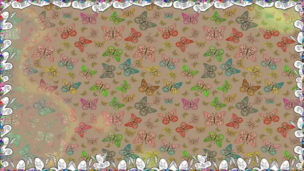 Raster geleneksel halk dekoru. Bej ve nötr arka plan. Kıyafet tasarımı için. Sevimli moda kelebekler.