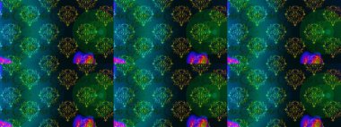 Raster Çiçek İllüstrasyonu 'nun şirin tekstili. Maviler, yeşiller ve siyahlar üzerindeki etnik çiçeklerle kusursuz bir desen..