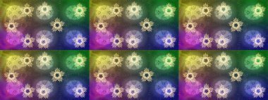 Raster illüstrasyonu. Renkli arka planda izole tatlı kar taneleri. Kar taneli yeşil, nötr ve mor renkler.